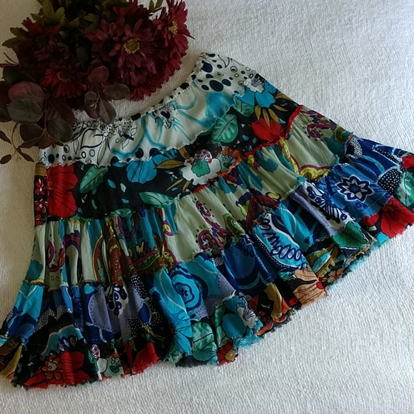 Short Rag Skirt Boho Festive Flowy Gypsy Stretch L - Picture 2 of 7